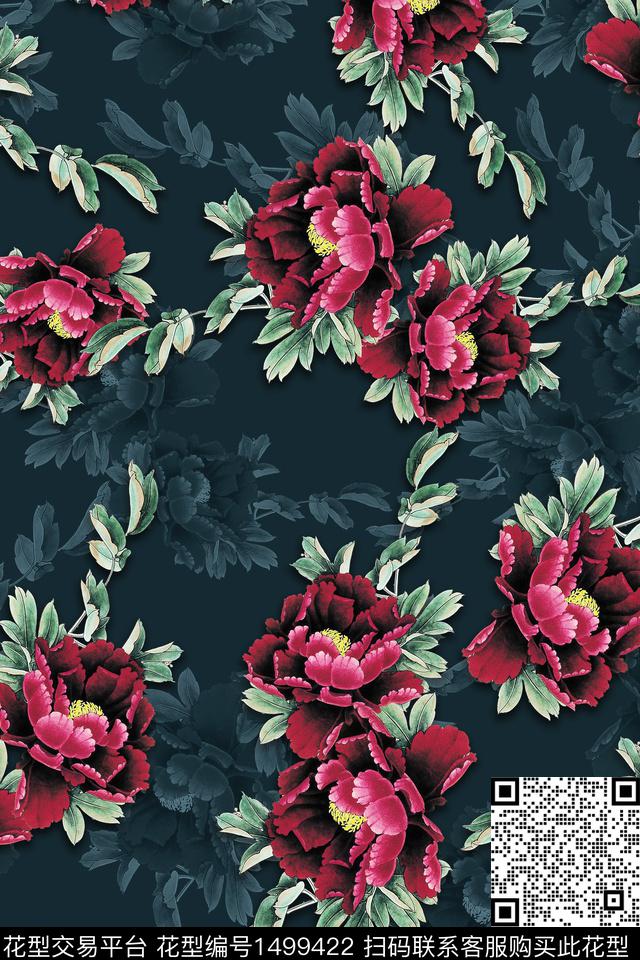 花卉香云纱中国风数码印花华亿平台下载（图片编号: 1499422） - 瓦栏（Walan）