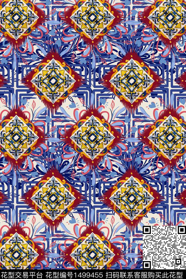 民族风复古抽象数码印花华亿平台下载（图片编号: 1499455） - 瓦栏（Walan）