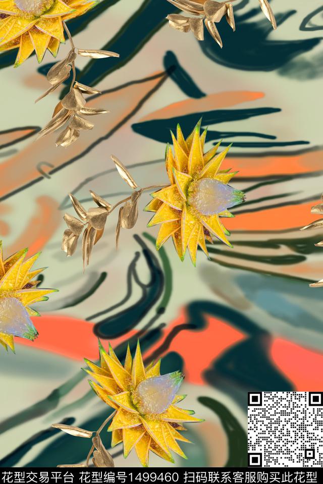 绿植树叶涂鸦花卉数码印花华亿平台下载（图片编号: 1499460） - 瓦栏（Walan）