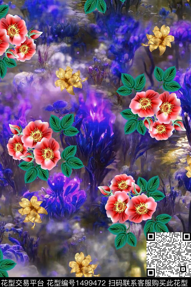 绿植树叶涂鸦花卉数码印花华亿平台下载（图片编号: 1499472） - 瓦栏（Walan）