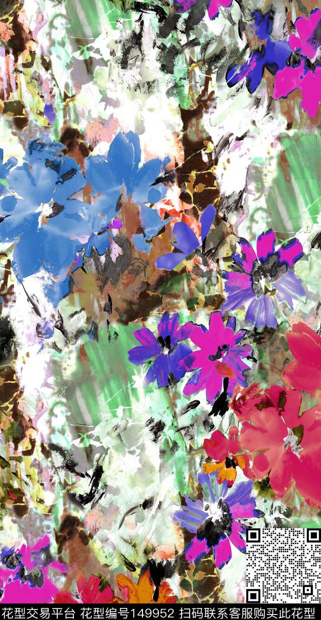 写意花卉数码印花华亿平台下载（图片编号: 149952） - 瓦栏（Walan）