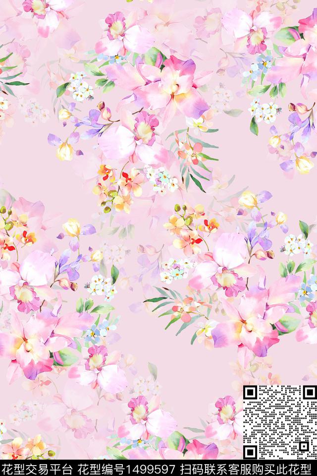 花卉小清新真丝数码印花华亿平台下载（图片编号: 1499597） - 瓦栏（Walan）