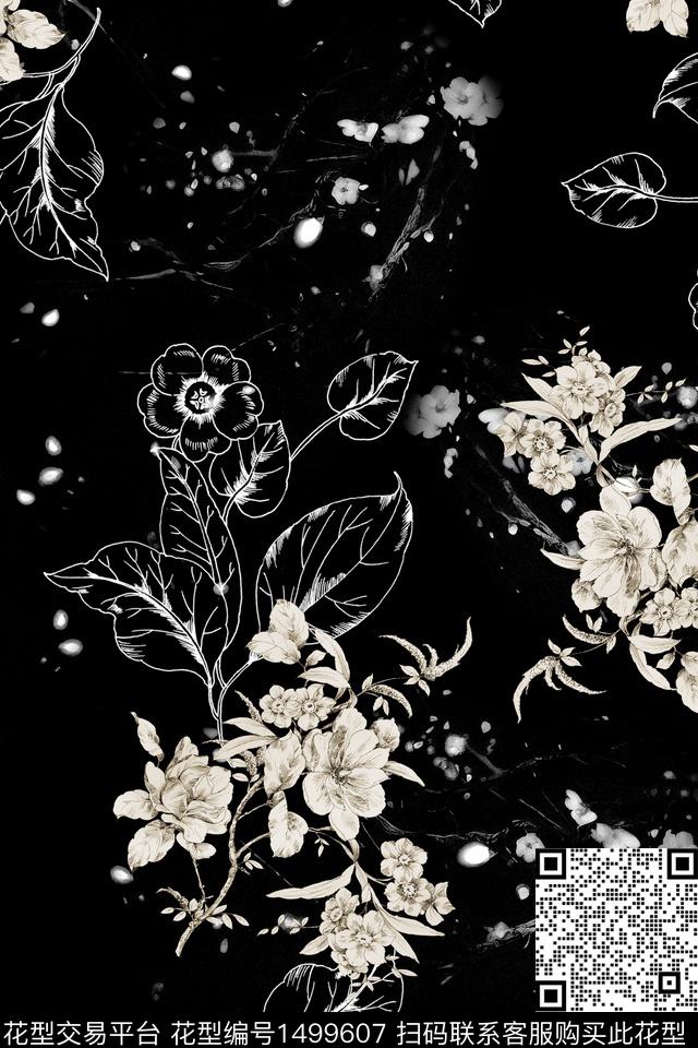黑底花卉花卉大牌风数码印花华亿平台下载（图片编号: 1499607） - 瓦栏（Walan）
