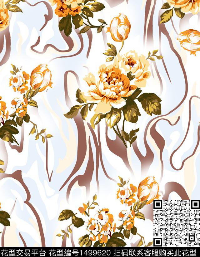 玫瑰花花卉大牌风数码印花华亿平台下载（图片编号: 1499620） - 瓦栏（Walan）