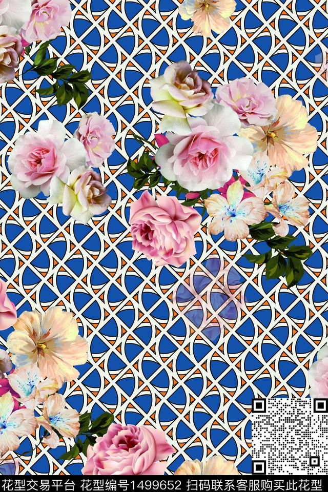 格子几何绿植树叶数码印花华亿平台下载（图片编号: 1499652） - 瓦栏（Walan）