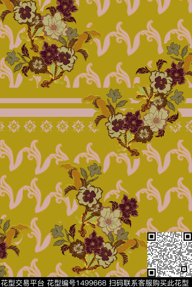 花卉风格化花卉花纹数码印花华亿平台下载（图片编号: 1499668） - 瓦栏（Walan）