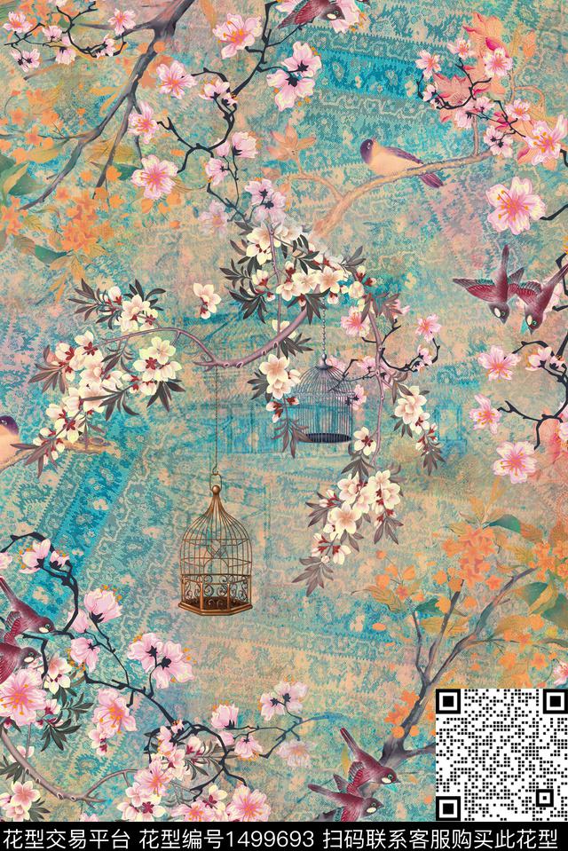 花鸟抽象柔和数码印花华亿平台下载（图片编号: 1499693） - 瓦栏（Walan）
