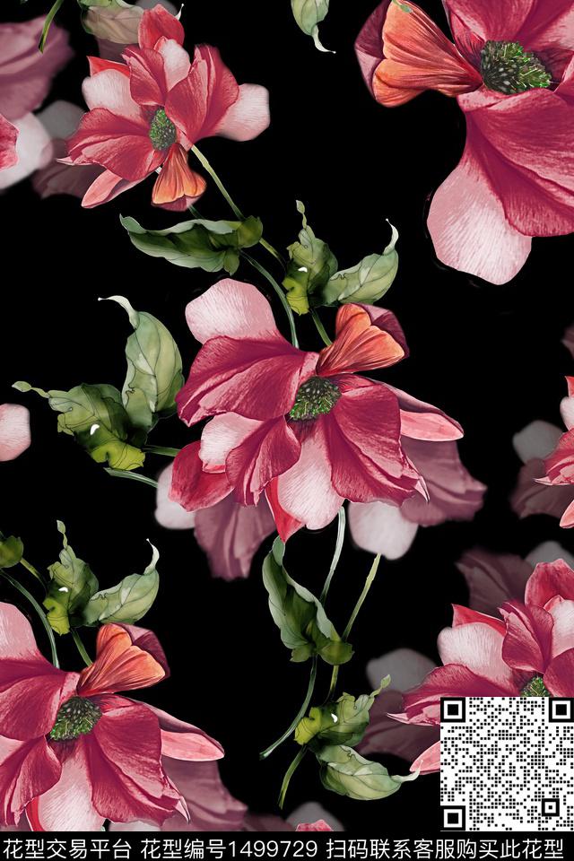 花卉大牌风真丝数码印花华亿平台下载（图片编号: 1499729） - 瓦栏（Walan）