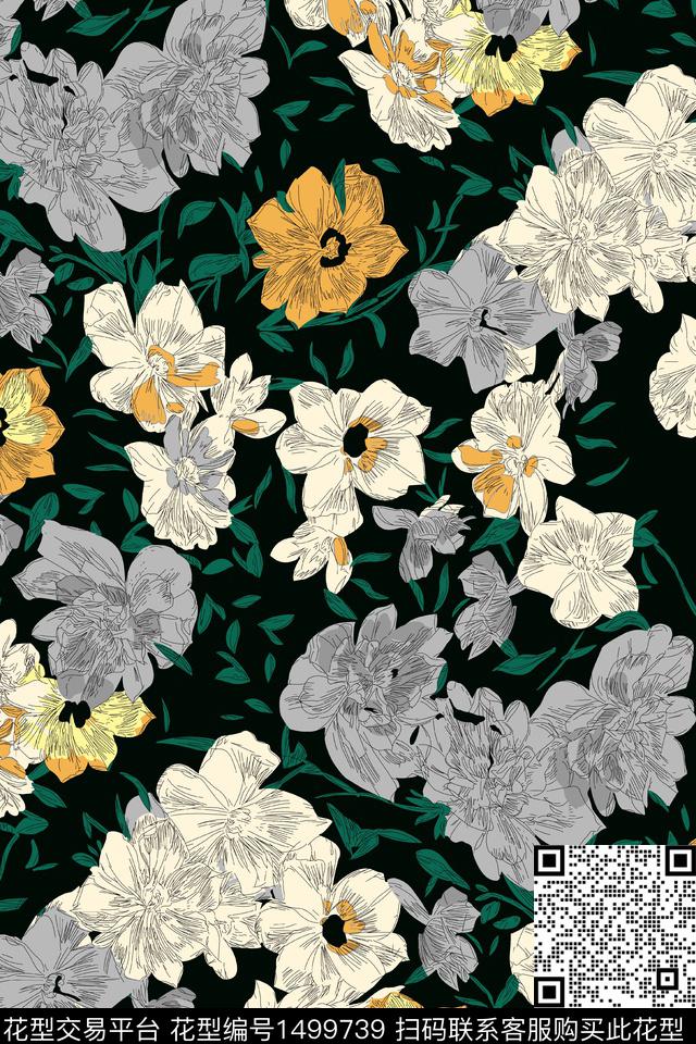 定位花花卉大花数码印花华亿平台下载（图片编号: 1499739） - 瓦栏（Walan）