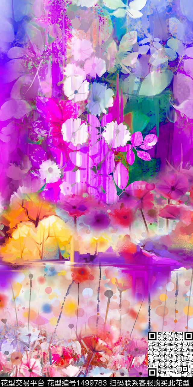 手绘花卉女装定位花数码印花华亿平台下载（图片编号: 1499783） - 瓦栏（Walan）