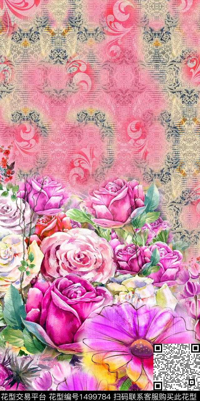 大花水彩花卉定位花数码印花华亿平台下载（图片编号: 1499784） - 瓦栏（Walan）