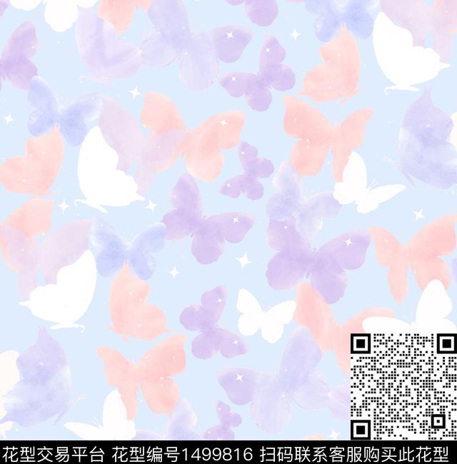 抽象花卉蝴蝶清新淡雅数码印花华亿平台下载（图片编号: 1499816） - 瓦栏（Walan）