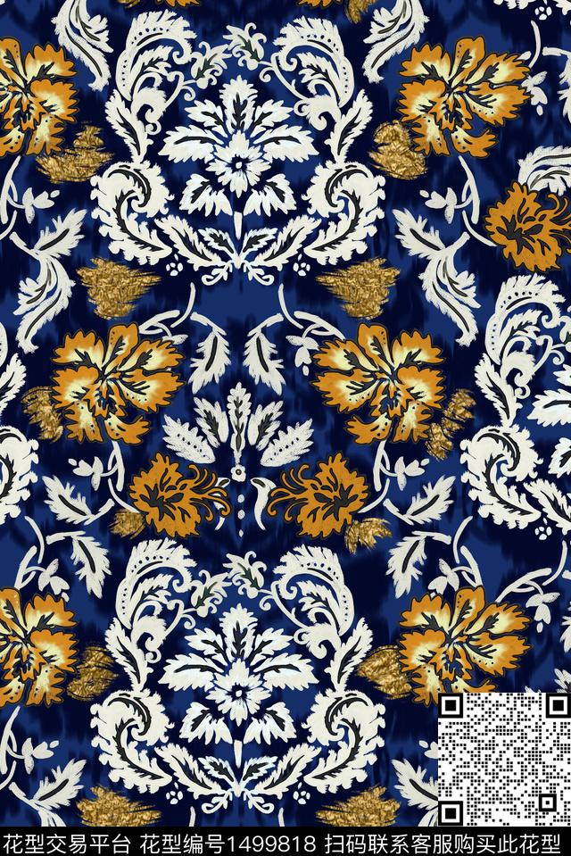 笔触民族风手绘花卉数码印花华亿平台下载（图片编号: 1499818） - 瓦栏（Walan）