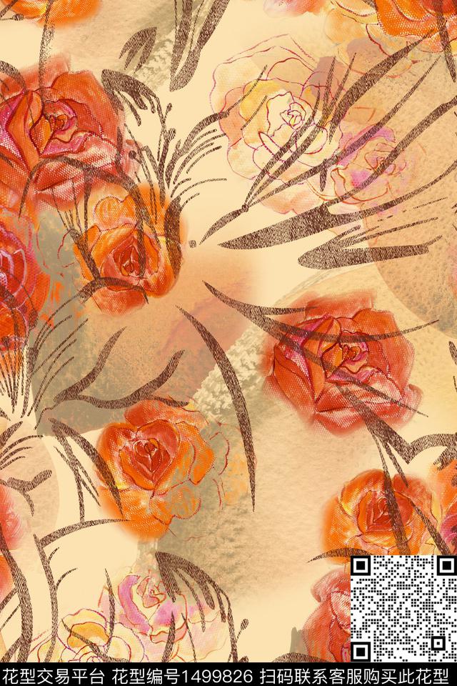 大花朦胧花卉线条花卉数码印花华亿平台下载（图片编号: 1499826） - 瓦栏（Walan）