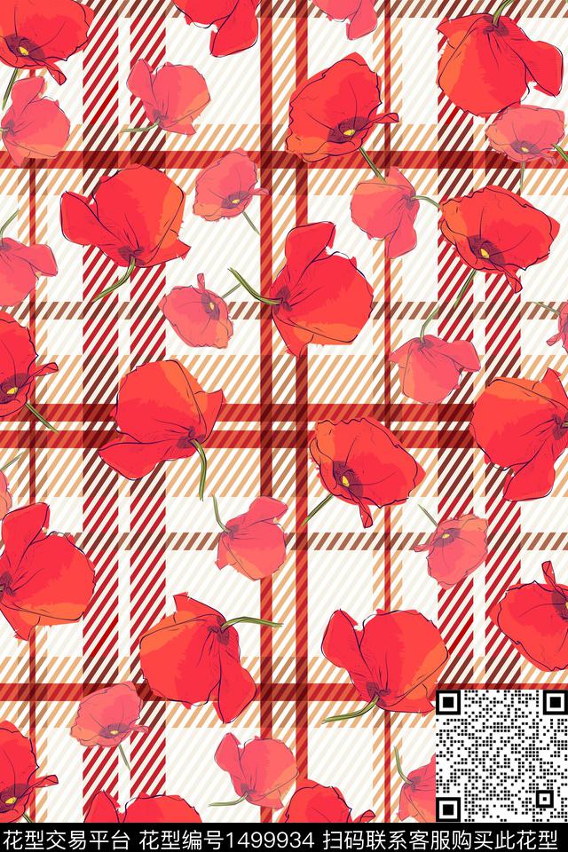 花卉小碎花格子布数码印花华亿平台下载（图片编号: 1499934） - 瓦栏（Walan）