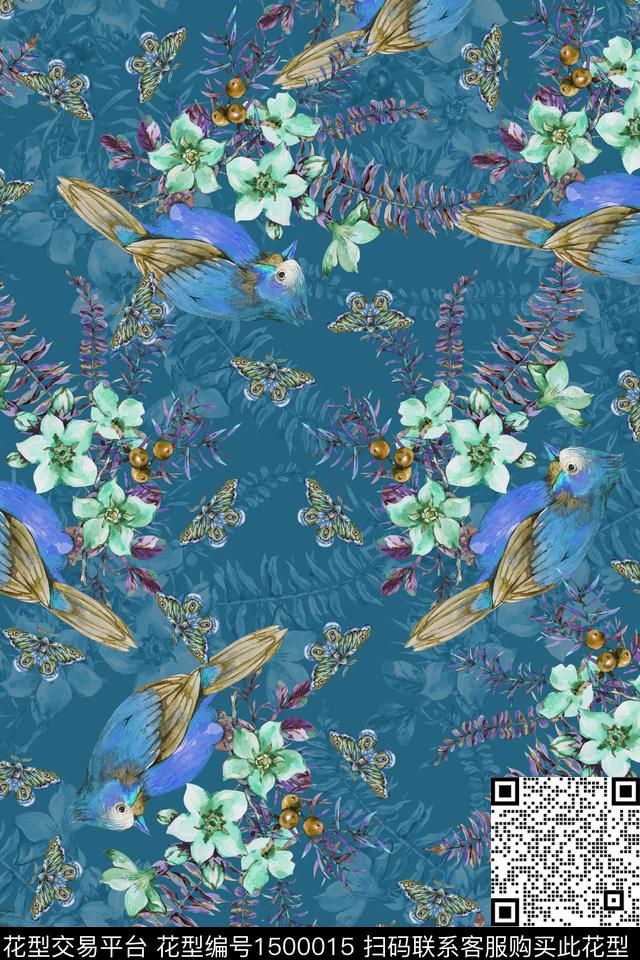 绿植树叶花鸟喜鹊数码印花华亿平台下载（图片编号: 1500015） - 瓦栏（Walan）
