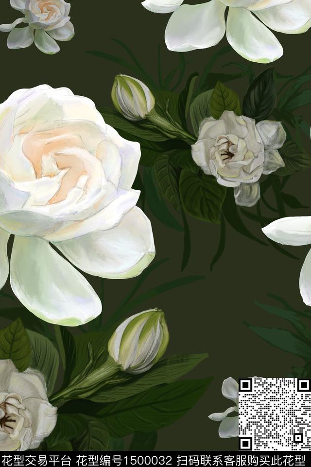 花卉栀子花大花数码印花华亿平台下载（图片编号: 1500032） - 瓦栏（Walan）