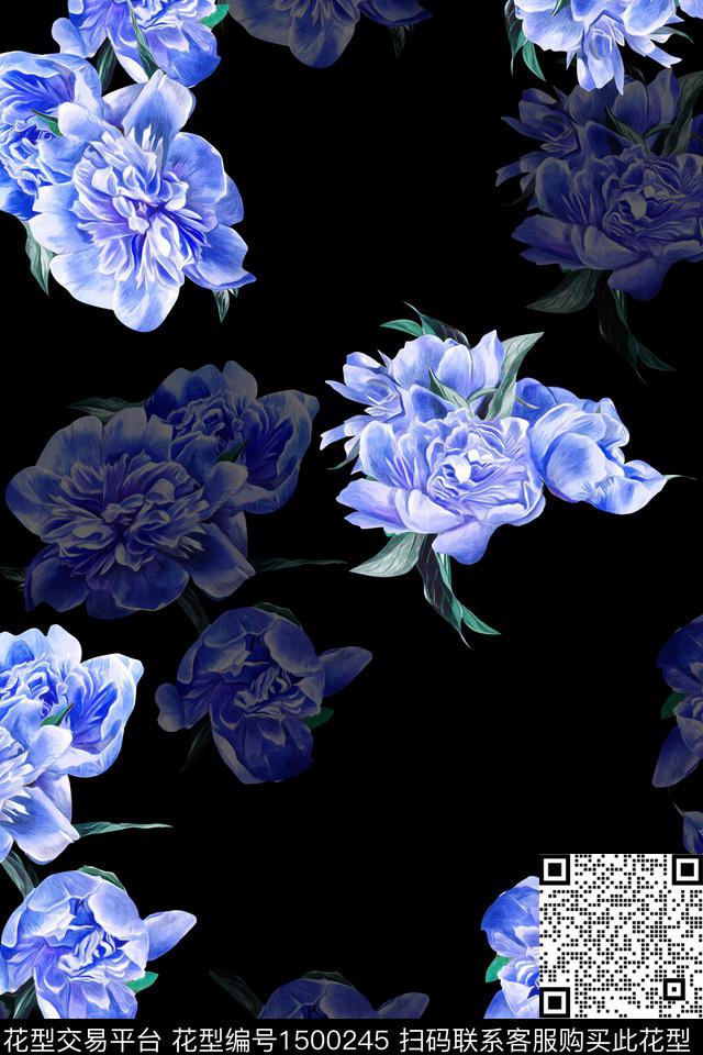 黑底花卉花卉大牌风数码印花华亿平台下载（图片编号: 1500245） - 瓦栏（Walan）