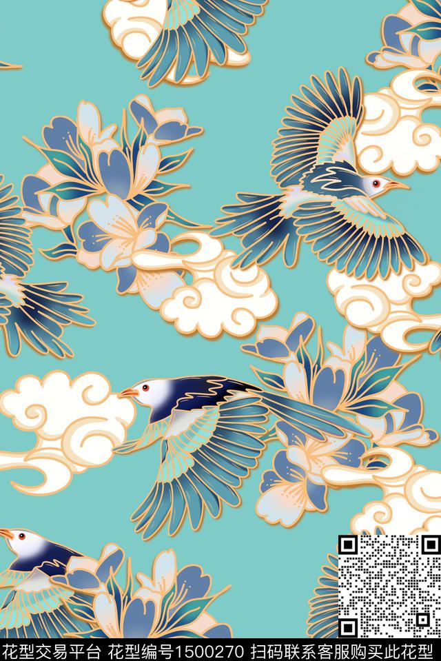 喜鹊祥云香云纱数码印花华亿平台下载（图片编号: 1500270） - 瓦栏（Walan）