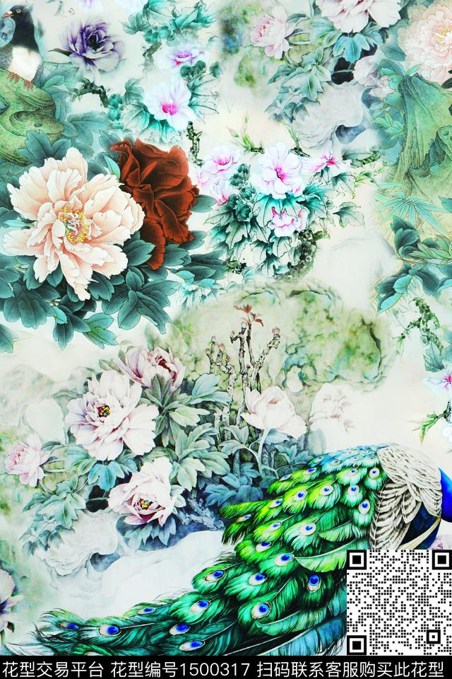 孔雀旗袍牡丹数码印花华亿平台下载（图片编号: 1500317） - 瓦栏（Walan）
