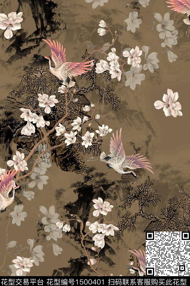 花卉香云纱中国风数码印花华亿平台下载（图片编号: 1500401） - 瓦栏（Walan）