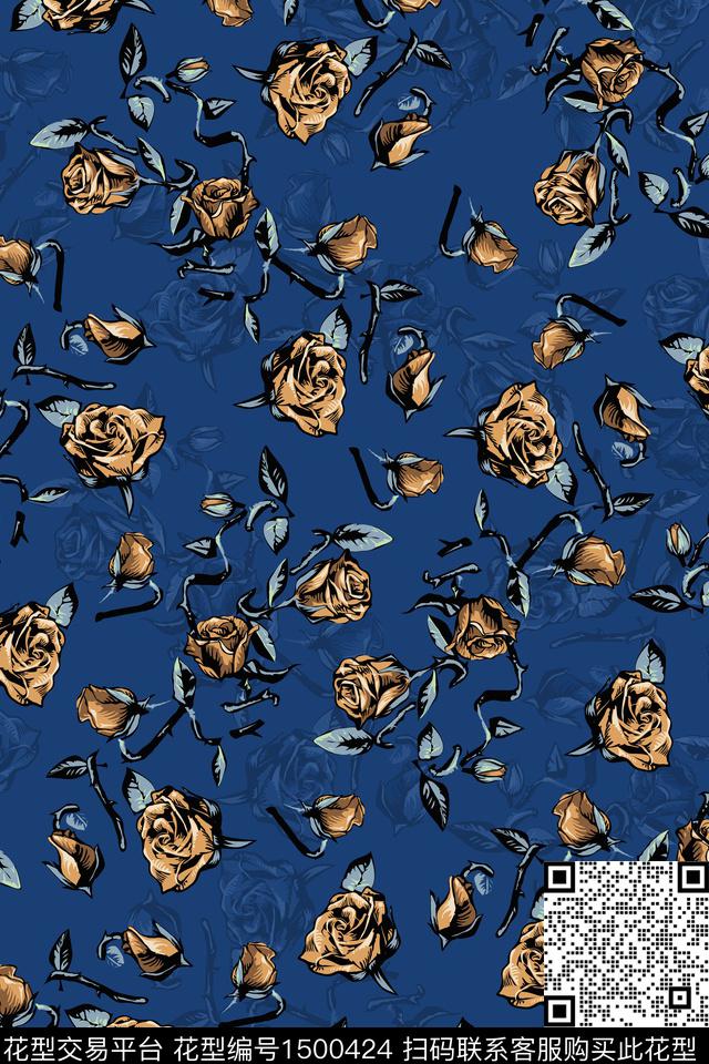 玫瑰花花卉大牌风数码印花华亿平台下载（图片编号: 1500424） - 瓦栏（Walan）
