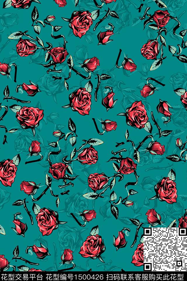 玫瑰花花卉大牌风数码印花华亿平台下载（图片编号: 1500426） - 瓦栏（Walan）