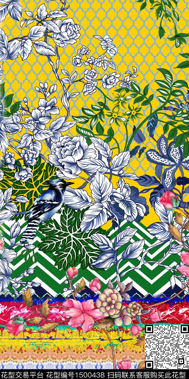 花卉定位花绿植树叶数码印花华亿平台下载（图片编号: 1500438） - 瓦栏（Walan）