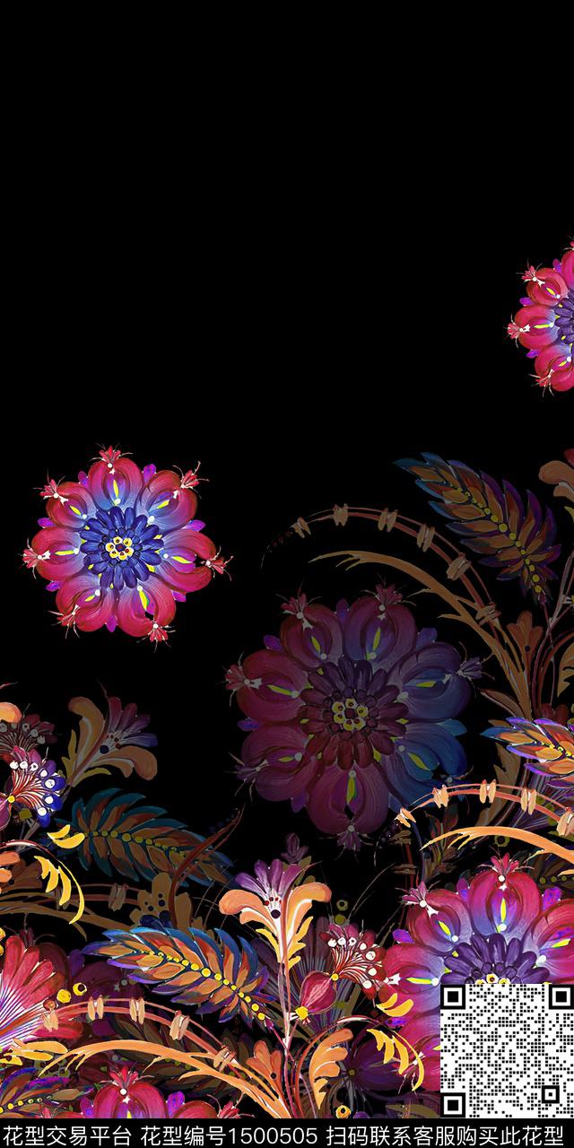 黑底花卉水彩绿植树叶数码印花华亿平台下载（图片编号: 1500505） - 瓦栏（Walan）