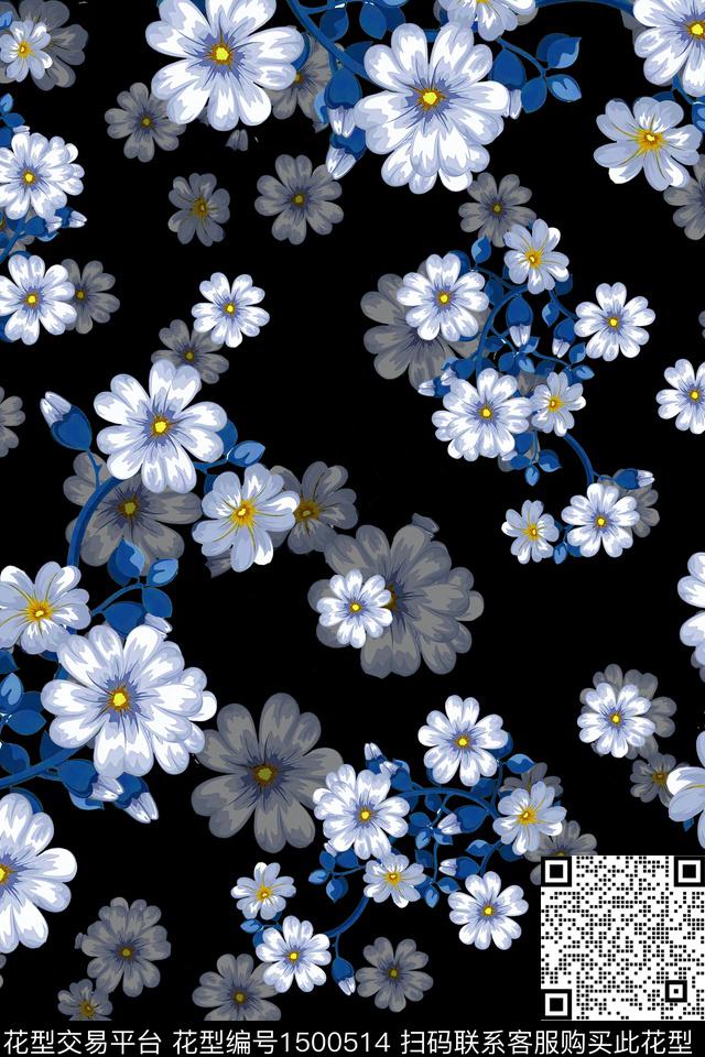 黑底花卉水彩绿植树叶数码印花华亿平台下载（图片编号: 1500514） - 瓦栏（Walan）