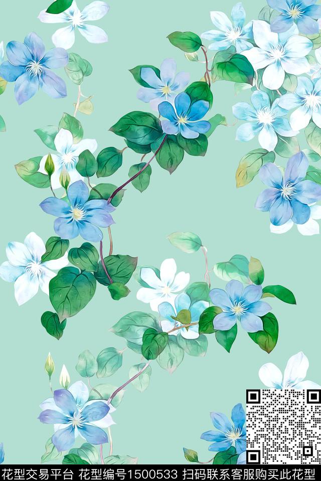 清爽底花卉花卉大牌风数码印花华亿平台下载（图片编号: 1500533） - 瓦栏（Walan）