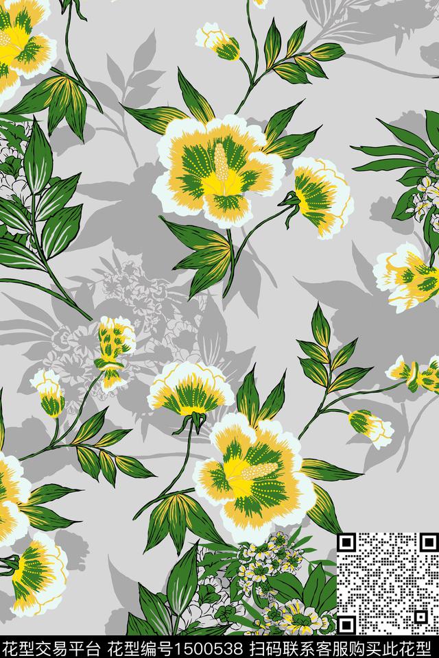 绿植树叶花卉旗袍数码印花华亿平台下载（图片编号: 1500538） - 瓦栏（Walan）