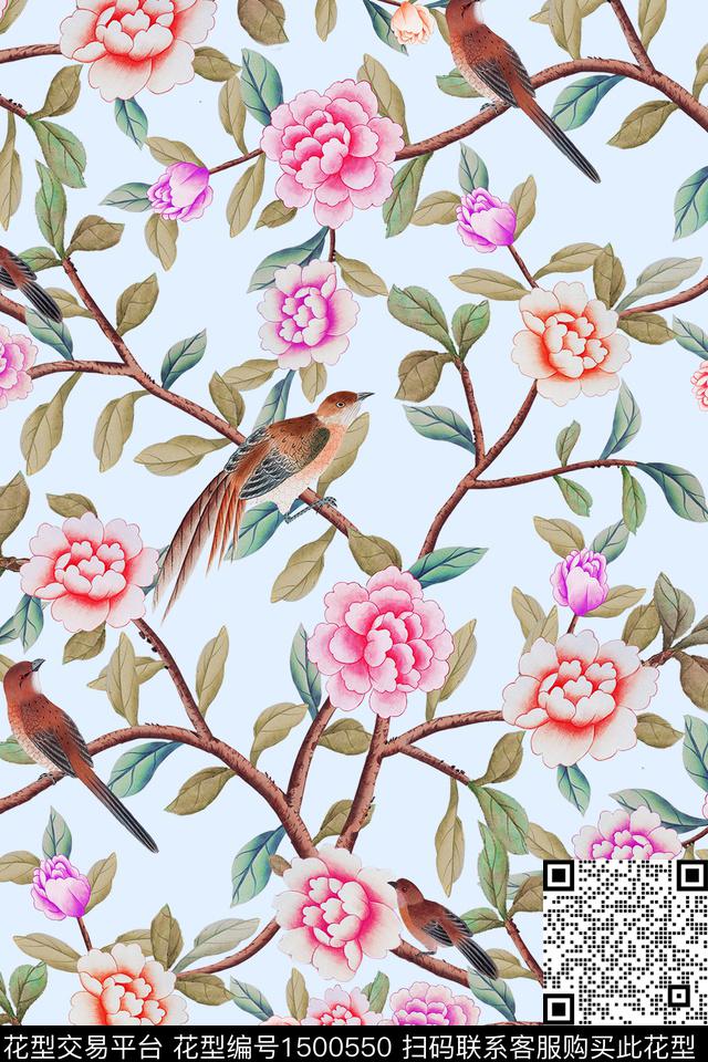 花鸟花卉牡丹数码印花华亿平台下载（图片编号: 1500550） - 瓦栏（Walan）