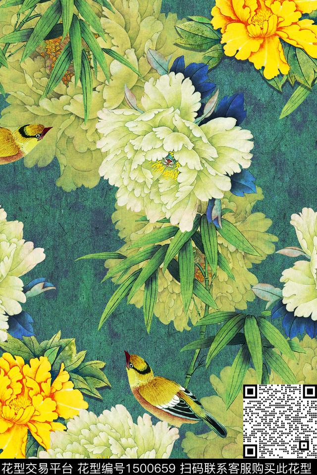 花卉香云纱旗袍数码印花华亿平台下载（图片编号: 1500659） - 瓦栏（Walan）