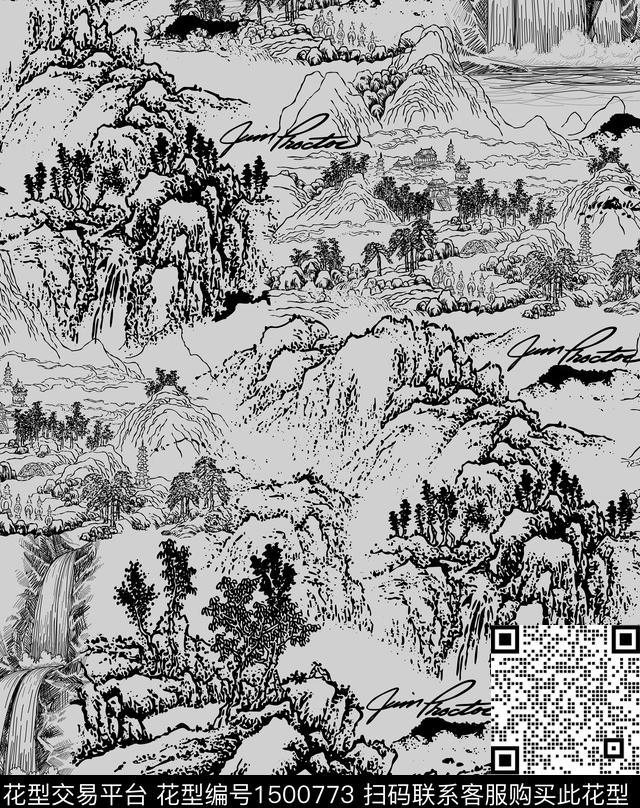 中国风水墨风国画传统印花华亿平台下载（图片编号: 1500773） - 瓦栏（Walan）