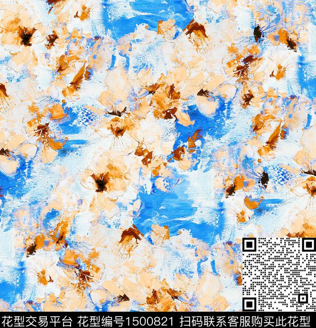 玫瑰花油画华亿平台蓝粉数码印花华亿平台下载（图片编号: 1500821） - 瓦栏（Walan）