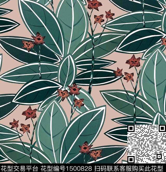 大花绿植树叶异域风数码印花华亿平台下载（图片编号: 1500828） - 瓦栏（Walan）