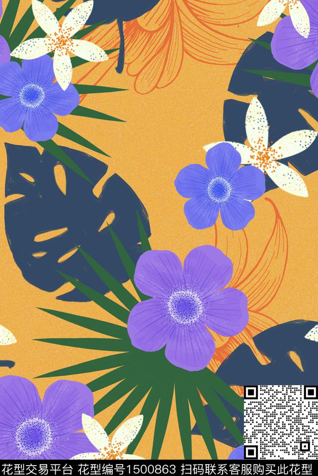 绿植树叶花卉小清新数码印花华亿平台下载（图片编号: 1500863） - 瓦栏（Walan）