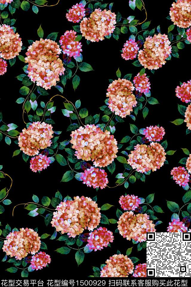 黑底花卉花卉大牌风数码印花华亿平台下载（图片编号: 1500929） - 瓦栏（Walan）