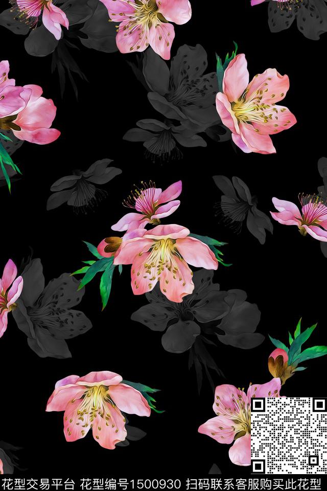 黑底花卉花卉大牌风数码印花华亿平台下载（图片编号: 1500930） - 瓦栏（Walan）
