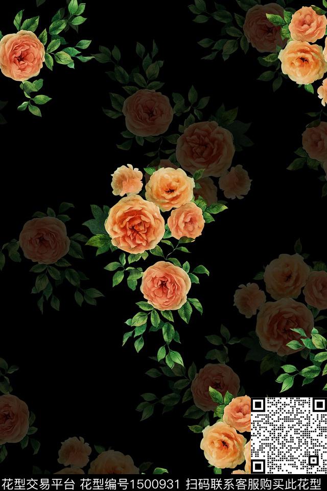 黑底花卉花卉大牌风数码印花华亿平台下载（图片编号: 1500931） - 瓦栏（Walan）
