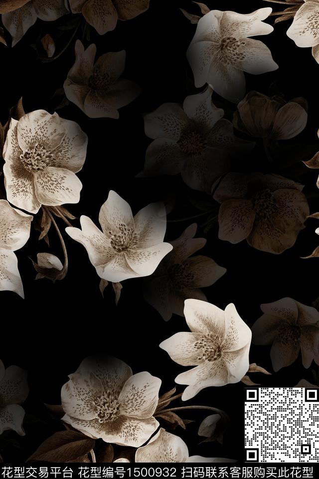 黑底花卉花卉大牌风数码印花华亿平台下载（图片编号: 1500932） - 瓦栏（Walan）