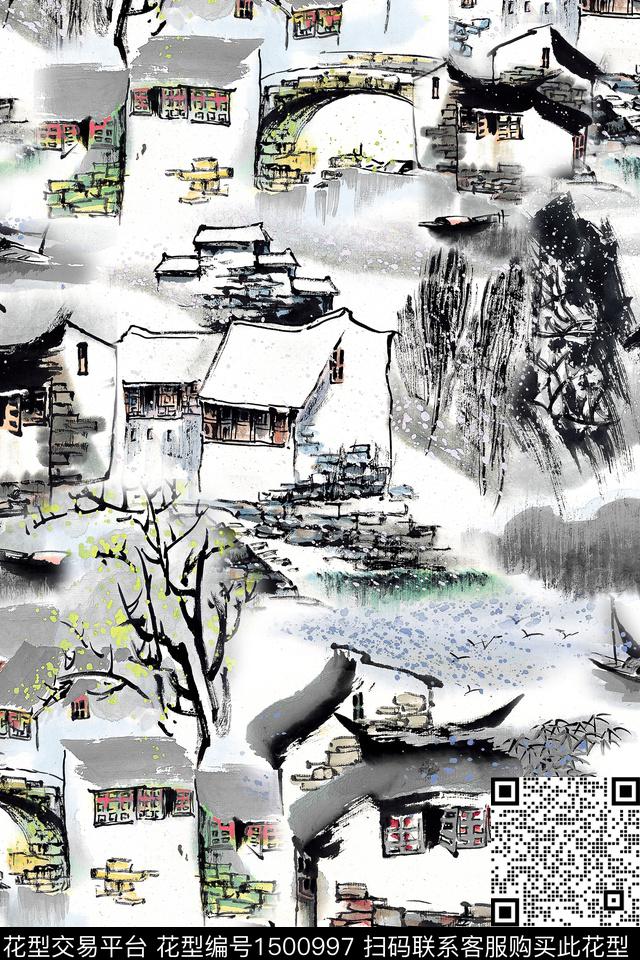 建筑复古旗袍数码印花华亿平台下载（图片编号: 1500997） - 瓦栏（Walan）