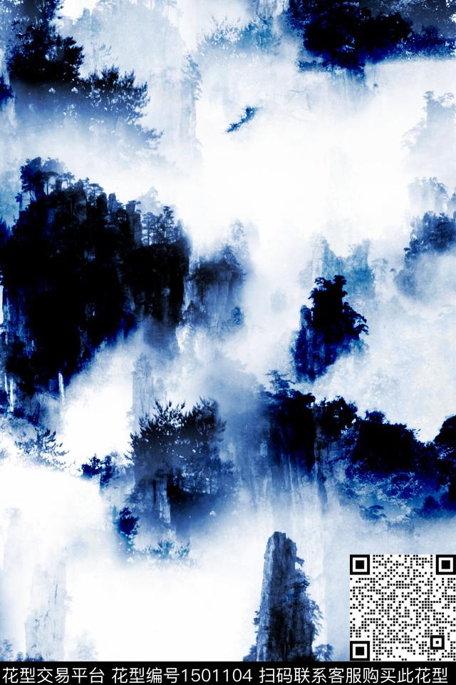 风景景观水墨风男装数码印花华亿平台下载（图片编号: 1501104） - 瓦栏（Walan）