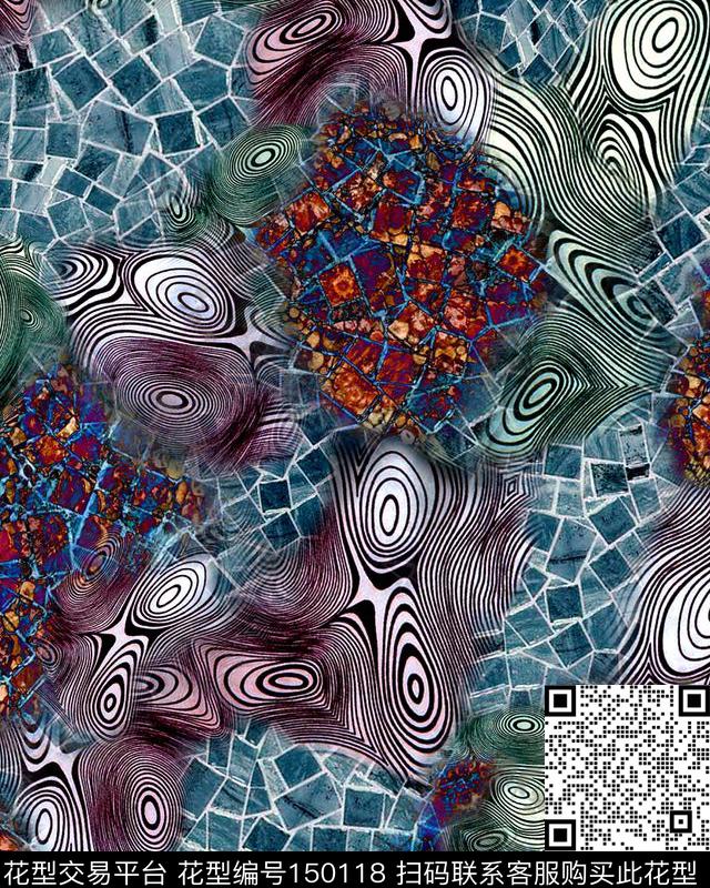 拼贴螺旋色块数码印花华亿平台下载（图片编号: 150118） - 瓦栏（Walan）