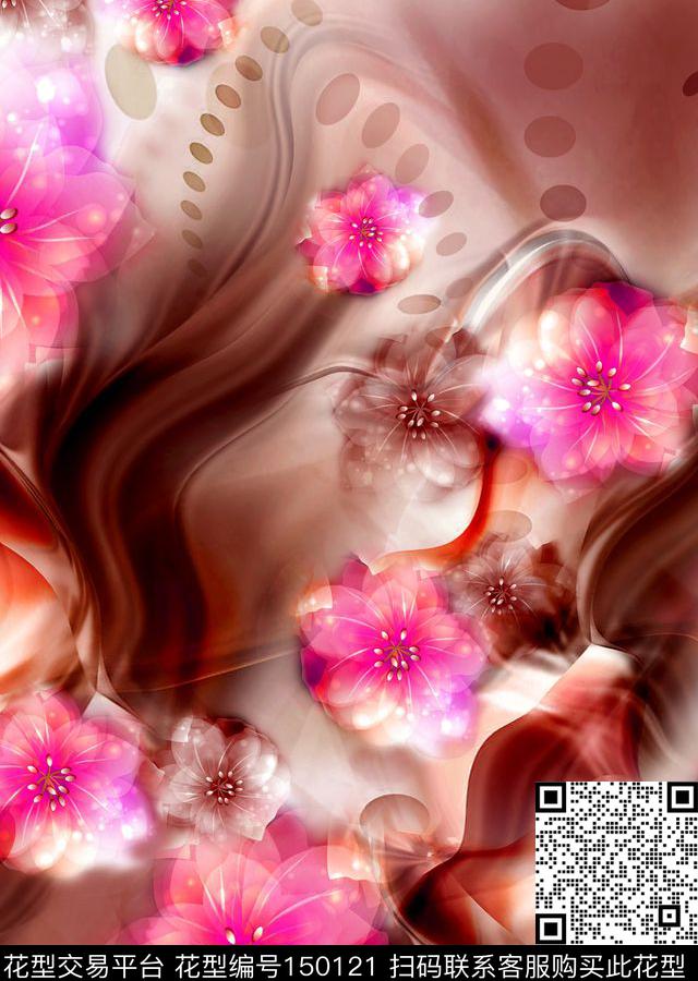 花花朵河流数码印花华亿平台下载（图片编号: 150121） - 瓦栏（Walan）