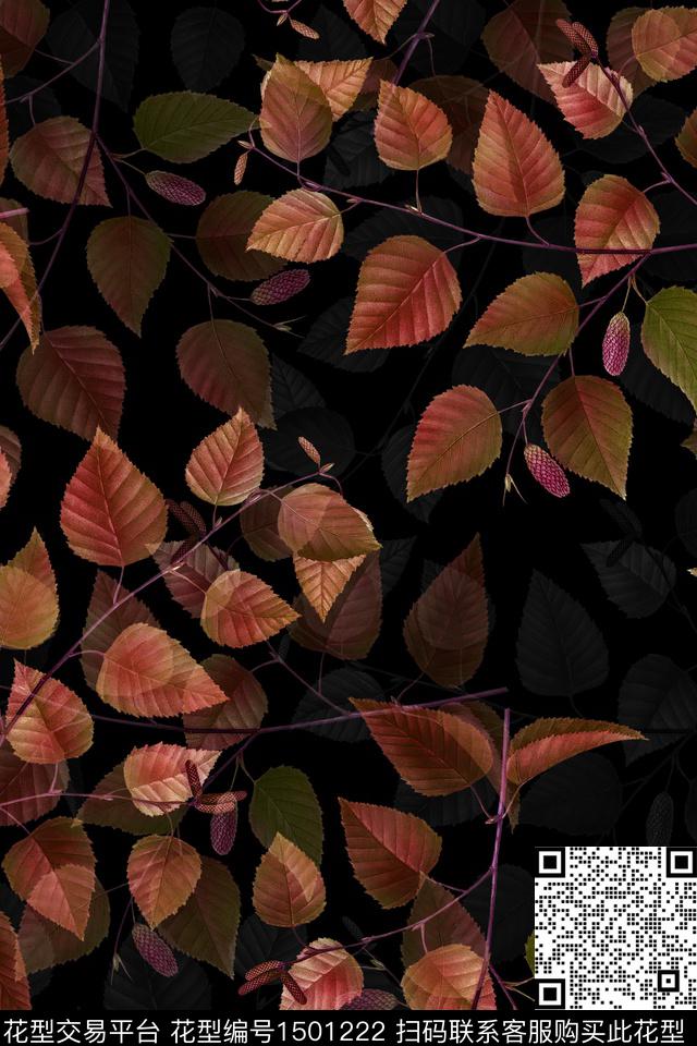 绿植树叶黑底花卉花卉数码印花华亿平台下载（图片编号: 1501222） - 瓦栏（Walan）