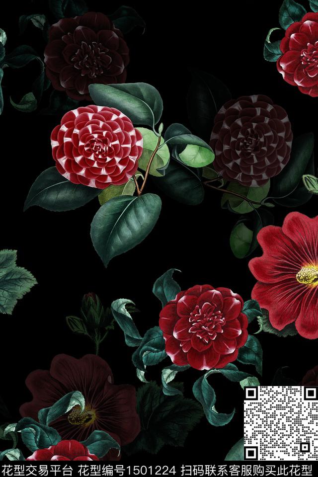 黑底花卉花卉大牌风数码印花华亿平台下载（图片编号: 1501224） - 瓦栏（Walan）
