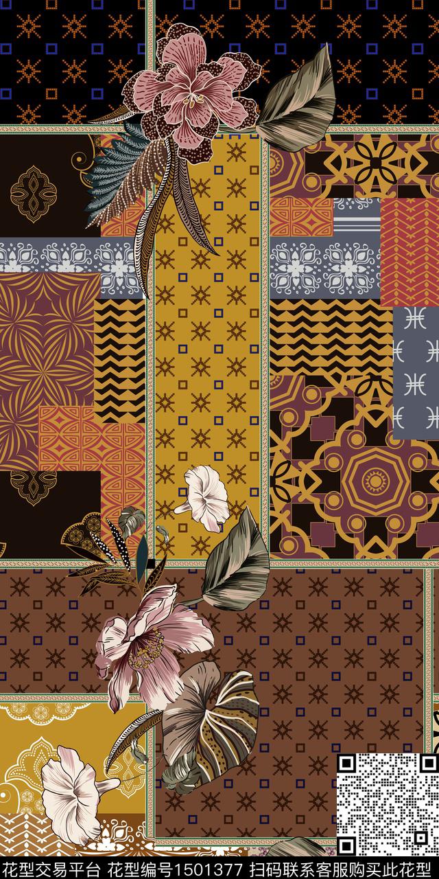 几何民族风花卉民族条纹数码印花华亿平台下载（图片编号: 1501377） - 瓦栏（Walan）