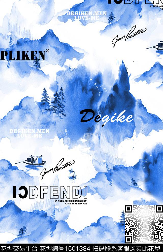 水墨风国画男装满版花数码印花华亿平台下载（图片编号: 1501384） - 瓦栏（Walan）